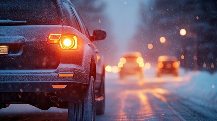 Rear of a snow-covered car with glowing taillight on an icy road at dusk, falling snowflakes and blurred taillights of other cars ahead creating a cold, cautious atmosphere