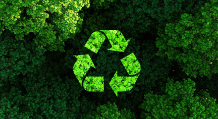 Green Recycling Sign in Forest Environment Shows Sustainable Development, Nature Conservation, Renewable Resources, Eco Friendly Lifestyle and Circular Economy