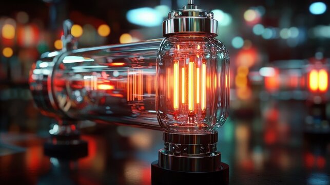 Glowing glass vacuum tube with bright orange filaments, chrome metal mounts and reflective surfaces in a bokeh-lit high-tech industrial scene, warm intense mood