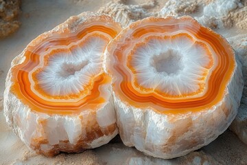 two sliced agate geode halves with orange and white concentric bands and crystalline centers resting on a rough rock surface, evoking serene wonder