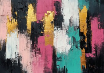 vibrant textured abstract painting with gold teal pink and black vertical brush strokes conveying bold energetic contrast