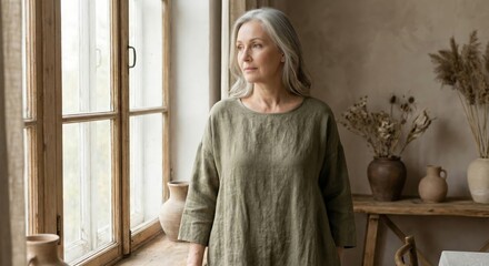 Contemplative woman looking through window, serene home atmosphere