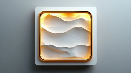 minimalist square wall sculpture with layered white undulating waves and warm golden backlit frame, soft shadows and serene calming mood