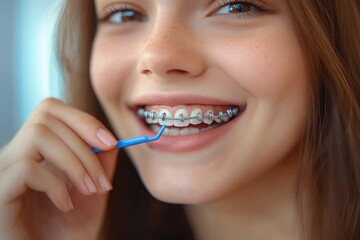 close-up of long brown hair and a delicate hand resting near the head, natural nails, soft lighting and calm contemplative mood against a soft blue background