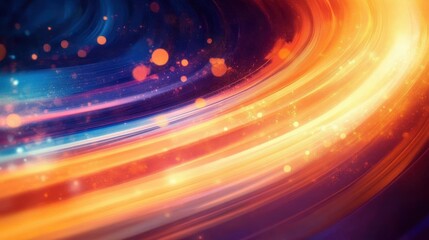swirling bands of orange and blue light with glowing particles and bokeh, energetic and cosmic abstract motion