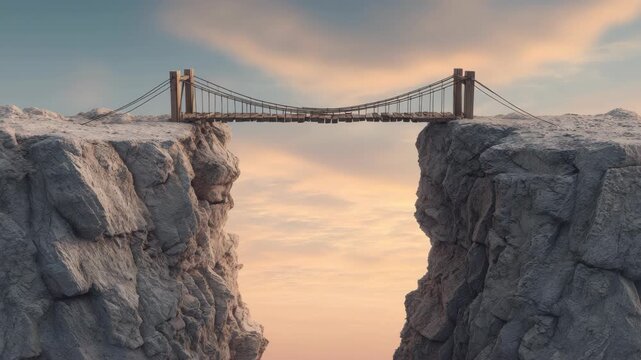 Suspension Bridge Stretching Across Rocky Canyon at Sunrise with Dramatic Sky and Expansive View