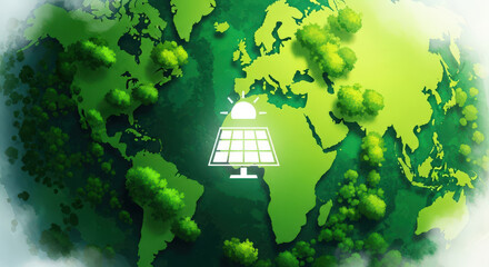 Green World Illustration with Solar Panel Icon Environmental Protection and Sustainable Energy Concept in Green Background Showing Global Awareness