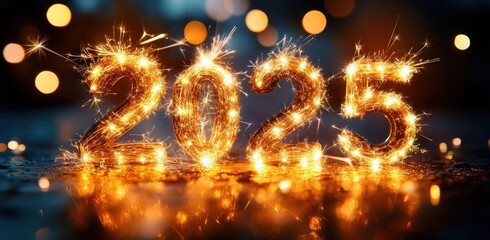glowing sparklers forming the numbers 2025 on a wet surface with golden sparks, bokeh lights and a festive, joyful celebration mood