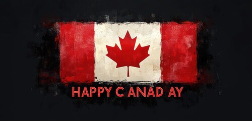 grunge painted canadian flag with red maple leaf and distressed happy canada day greeting text on dark background, festive proud mood