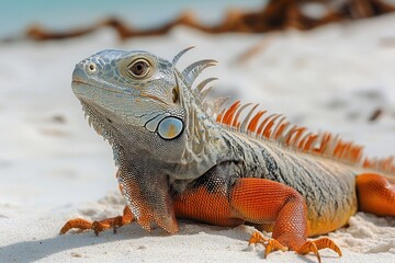 vibrant orange and green iguana resting on white sand at the beach, calm and alert with detailed scaly skin and spiky crest