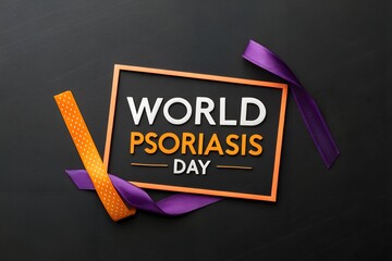 Symbolic representation for world psoriasis day featuring bold typography within an orange frame accented by vibrant orange and deep purple awareness ribbons on a dark background.