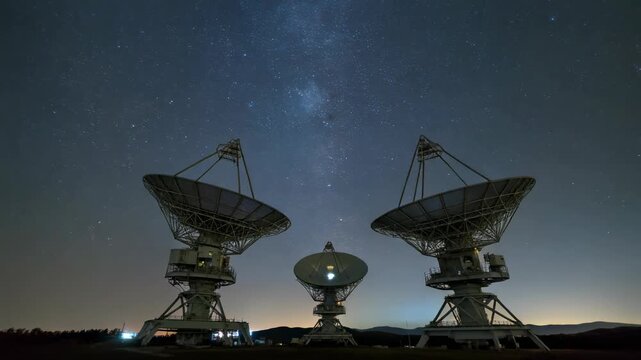Radiotelescope array reaches sky beneath sparkling stars capturing quiet scientific exploration and cosmic observation at night horizon scene