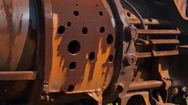 A detailed texture shot captures the heavily corroding, rusty brown casing of an abandoned industrial traction motor, showing its perforated metal surface in an outdoor scrapyard setting.
