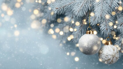 Silver and white Christmas ornaments hang from frosted evergreen branches, illuminated by warm, golden lights against a soft, light blue background.