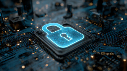 Close-up of a digital lock icon on a circuit board, symbolizing cybersecurity and data protection.