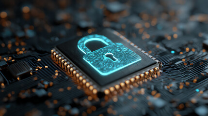Close-up of a digital lock symbol on a microchip, representing cybersecurity and data protection concepts.