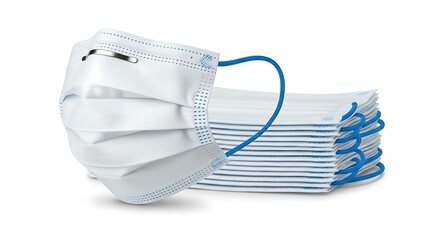A stack of white face masks with blue straps on a plain white background, used for medical and healthcare purposes to prevent the spread of viruses and diseases.