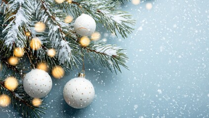 Festive winter scene featuring snow-dusted pine branches, warm fairy lights, and elegant white ornaments against a light blue background.