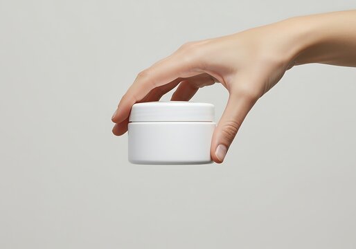 hand holding small white plastic jar with cream or supplement isolated on gray background