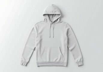 light gray hoodie with drawstrings and pocket on plain background