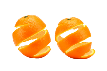 Peeled oranges with spiral cut on white background isolated on transparent background