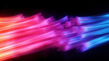 Vibrant neon light streams and fiber optic like streaks in pink, red and blue crossing over a dark background, conveying dynamic motion, energy and futuristic excitement