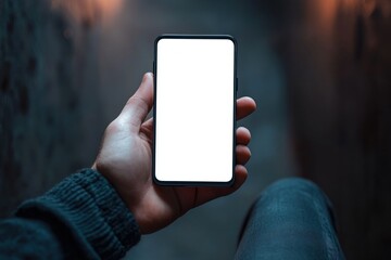 Hand holding smartphone with blank white screen in dim corridor, person wearing dark sweater with knee visible, moody contemplative atmosphere of solitude