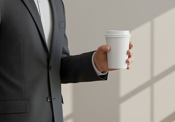 Man in business suit holding white disposable coffee cup in hand