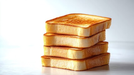Stack of four golden toasted bread slices on a white surface with bright lighting, warm and inviting