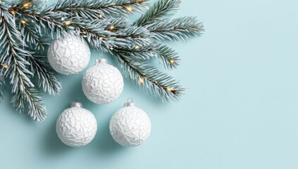 Elegant white Christmas ornaments adorned with intricate patterns hang from frosted pine branches against a soft pastel blue background.