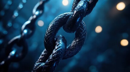 close-up of braided rope-like chain links glistening with moisture under cool blue lighting and warm bokeh, conveying tension, strength and moody drama