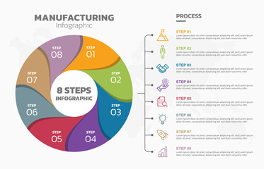 Visual data presentation. Cycle diagram with 8 options. Pie Chart Circle infographic template with 8 steps, options, parts, segments. Business concept. Editable pie chart with sectors.