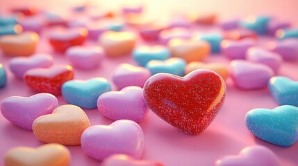 scattered pastel heart-shaped sugar candies on a pink surface with a sparkling red heart in the center, glossy texture and warm glowing light, playful romantic sweet mood
