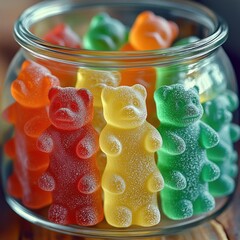 close-up glass jar filled with colorful sugar-coated gummy bear candies standing upright, playful and cheerful sweet treats