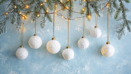Elegant white Christmas ornaments with delicate designs hang from strings of warm lights against a light blue textured wall.