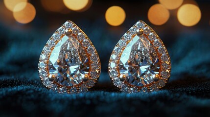 pair of pear-shaped diamond halo stud earrings on dark velvet with warm bokeh lights, elegant glamorous romantic mood