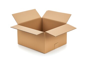 open cardboard box on white background for storage and shipping purposes