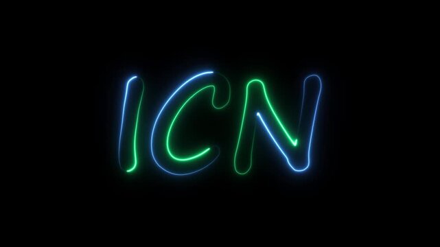 flickering neon ICN text animation. neon sign that flickers and glows with ICN