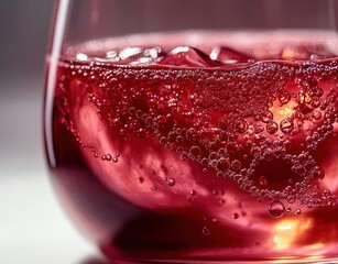 close-up of a glass with sparkling red beverage, ice cubes and rising bubbles, glossy reflections and warm glow conveying a refreshing effervescent mood