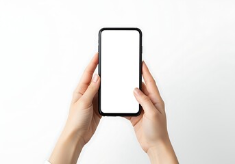 person holding a smartphone with blank screen in front of white background