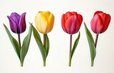 Obraz premium four vibrant tulips in purple, yellow and red with green leaves on a clean white background, fresh cheerful minimalist floral display