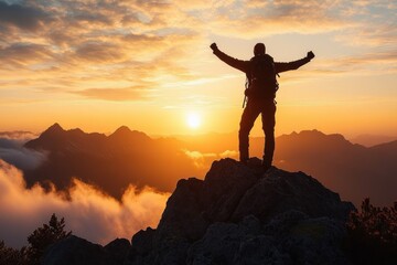 silhouette of a backpacked hiker with arms raised on a rocky mountain peak at sunrise, celebrating triumph above misty mountain range and golden clouds