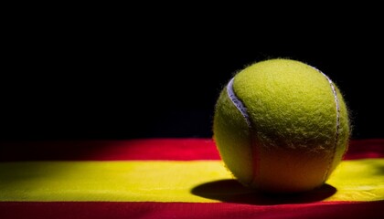 tennis ball placing on spain flag in the dark; free space for text