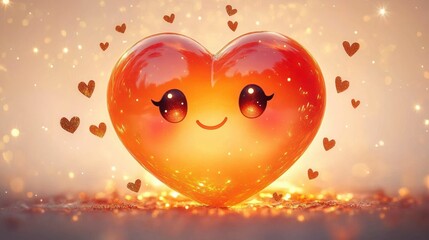 glowing glossy orange heart character with sparkling eyes and a sweet smile surrounded by tiny glitter hearts and warm bokeh lights, cheerful and loving