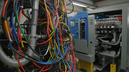 A detailed, close-up shot captures the chaotic, colorful mass of electrical cables powering complex industrial machinery, possibly a traction motor, inside a factory workshop.