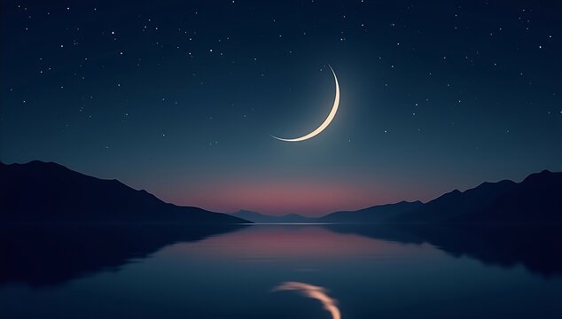 Crescent moon illuminating a serene night sky over a calm lake, with silhouetted mountains and distant stars, evoking a sense of peace and spiritual reflection.