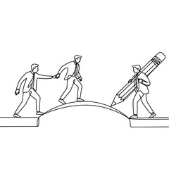 Teamwork builds bridges people collaborating to carry a large pencil over gap