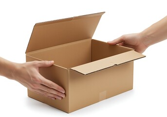 person opening a brown cardboard box with both hands on white background