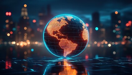Glowing holographic globe of Earth with orange continents and blue grid floating above a reflective wet surface against a blurred neon city skyline at night, evoking futuristic connectivity and wonder