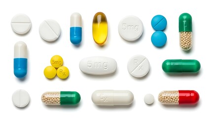 a variety of medical pills, tablets, and capsules arranged in three loose rows against a clean, solid white background.